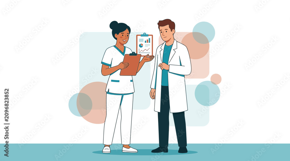 Fototapeta premium Diverse healthcare professionals discuss medical chart with graphs, representing collaboration and patient care.