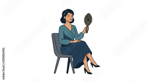 Canvas Print Elegant Woman Admiring Herself in Vintage Hand Mirror
