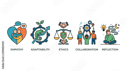 Empathy, Adaptability, Ethics, Collaboration, Reflection - Core Values Icons