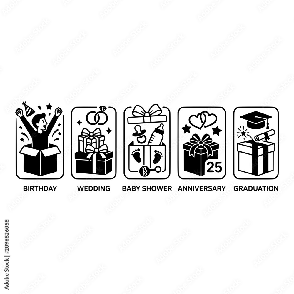 Obraz premium Celebration Icons: Birthday, Wedding, Baby Shower, Anniversary, Graduation Gifts