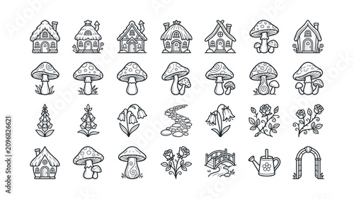 Quadro su tela Fairy Tale Village Elements: Cute Houses, Mushrooms, Flowers, and Archways
