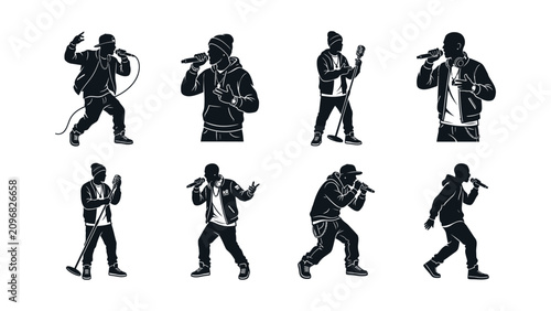 Foto Rapper Silhouette Collection: Dynamic Poses with Microphones, Hip Hop Music Vect