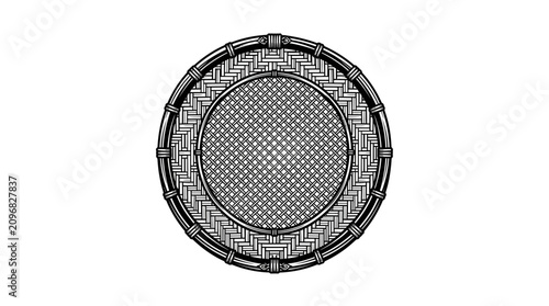 Circular woven bamboo tray illustration with intricate traditional pattern