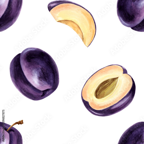 Blue plums and cut half and slices watercolor seamless pattern. Fruits background hand drawn illustration for healthy eating design. Organic food for packaging jam, skincare, home textile, tablecloth.