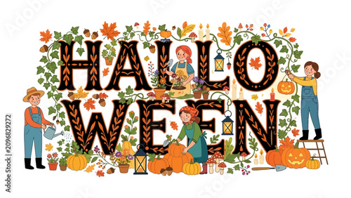 Принти на полотні Halloween Decorations: A charming illustration depicts a festive scene with people decorating pumpkins and plants to celebrate Halloween, featuring the word HALLOWEEN in large
