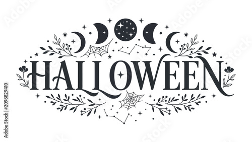 Fotografie Halloween Typography Art: A decorative typography design spells out HALLOWEEN adorned with celestial bodies like moons and stars, along with spider webs and floral accents