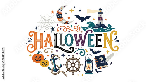 Obraz na plátne Halloween Celebration Elements: A whimsical illustration featuring the word HALLOWEEN surrounded by iconic symbols of the holiday, including a pumpkin, spiderweb, bats, moon, and lighthouse