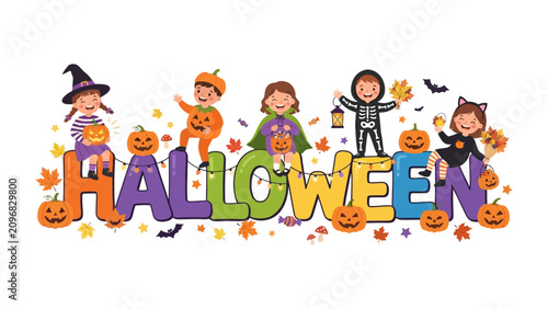Foto Halloween Word Art with Costumed Kids: Playful children dressed in imaginative Halloween costumes – a witch, pumpkin, fairy, ghost, and cat – surround a colorful HALLOWEEN word art