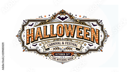 Foto Halloween Carnival and Festival Invitation: A vintage, ornate sign announces a Halloween Carnival and Festival, featuring glowing bulbs, spooky bats, and festive fall colors