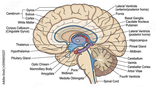 Fotografie Human Brain Anatomy Diagram - Sagittal View with Labels