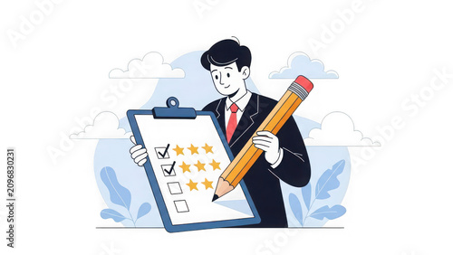 Businessman reviewing ratings with pencil and clipboard isolated on transparent background