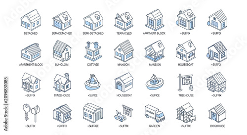 Isometric collection of household icons and domestic objects with clean outline style
