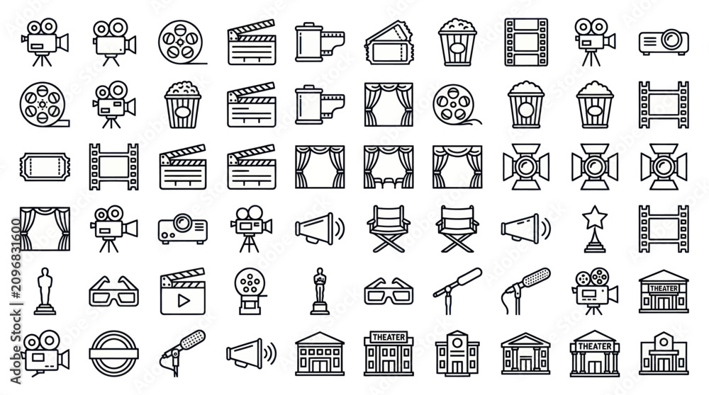 Fototapeta premium Comprehensive cinema movie and entertainment line icons.