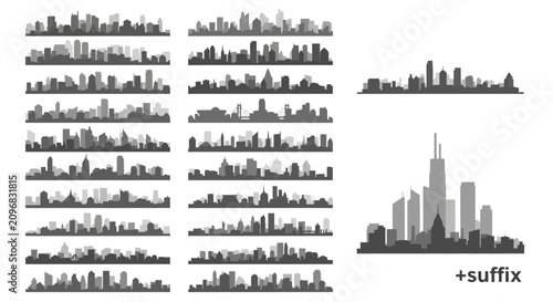 Monochrome city skyline silhouette collection with architectural diversity and suffix icon