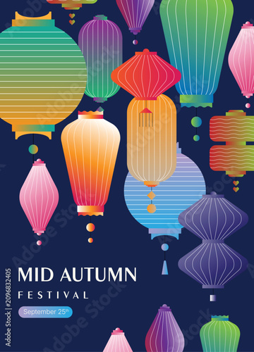 Mid-Autumn Festival Poster Design Colorful Chinese Lanterns Illustration with Gradient Style
