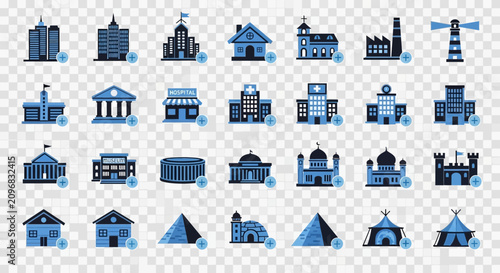 Set of blue and white city building icons on transparent background