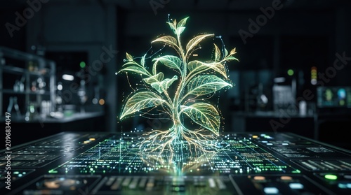 Digital plant hologram growing from futuristic data interface in laboratory