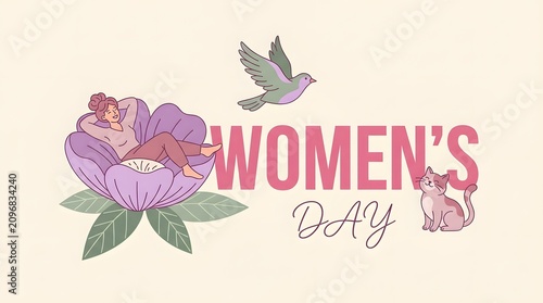 Women's Day celebration with a woman, flower, bird, and cat illustration.