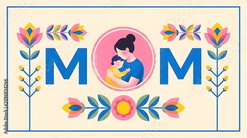 A mother tenderly holds her baby in a colorful floral illustration for Mother's Day with love, care, and devotion, surrounded by flowers and leaves.