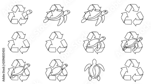 Cuadro en lienzo Recycling symbol with turtle line art, conservation, eco-friendly concept