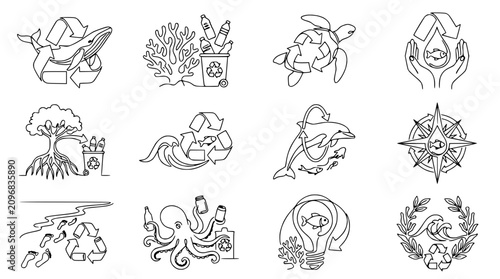 Cuadro en lienzo Eco Friendly Marine Life and Ocean Pollution Line Art Icons Set