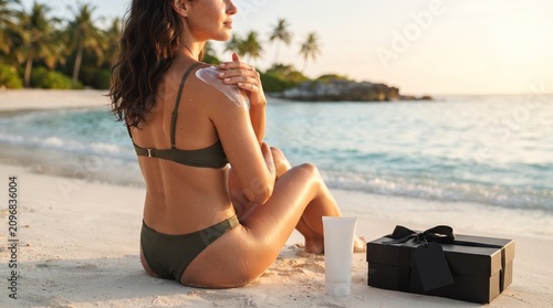 Minimal summer skincare composition with beach towel, sunscreen bottle and luxury vacation mood