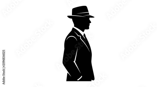 Minimalist silhouette of a man wearing a classic suit and fedora