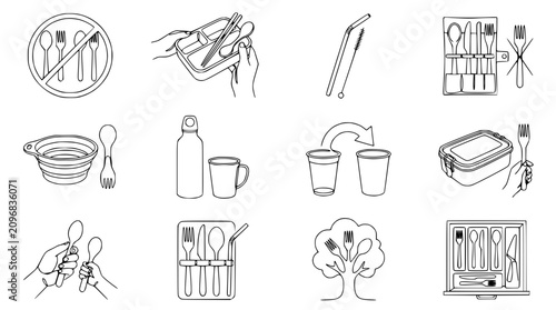 Tableau sur toile Eco-Friendly Utensil Set Collection: Reusable Cutlery, Straws, and Containers