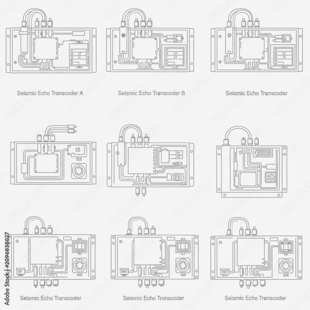 Obraz premium Seismic Echo Transcoder Set: Technical Line Art Illustrations