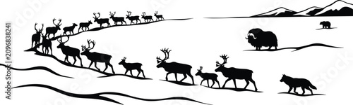 Photography Arctic wildlife silhouettes collection with reindeer herd musk ox wolf and bear