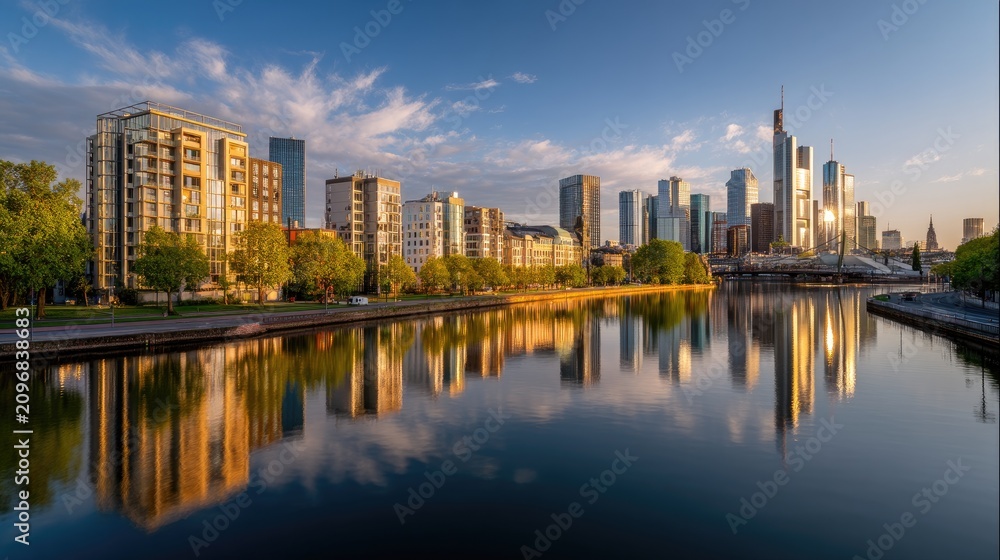 Obraz premium Serene Cityscape Reflection at Sunset Over the River with Modern Buildings and Cloudy Sky