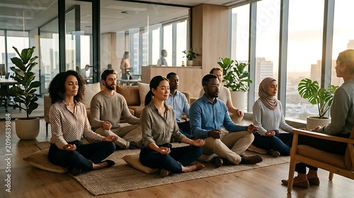 Diverse colleagues practicing mindfulness meditation in a modern office