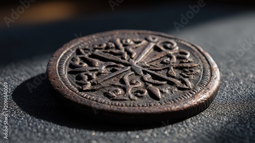 Detailed Close-up of an Antique Coin with Intricate Design in Natural Light Displaying Unique Historical Patterns