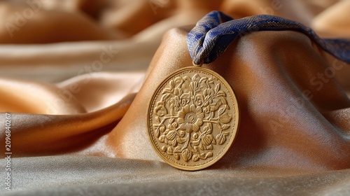 Golden Medal on Satin Fabric with Decorative Ribbon and Elegant Background in Soft Light