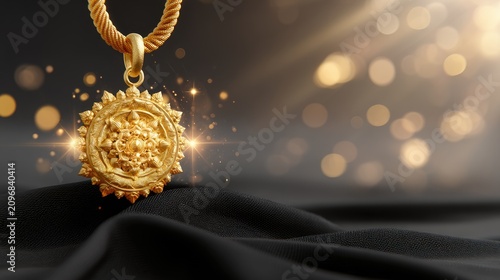 Golden Medallion with Intricate Design Sparkling on Soft Black Fabric Background