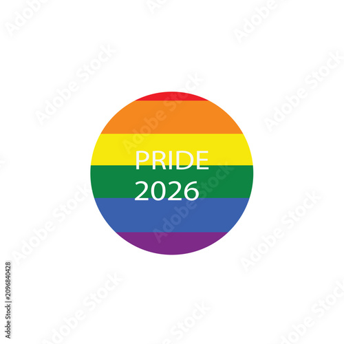 A circular graphic featuring a rainbow flag pattern with the text Pride 2026 centered.