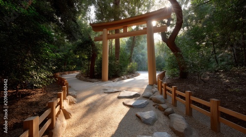 Tranquil pathway leading through a torii gate in a lush green forest illuminated by soft sunlight