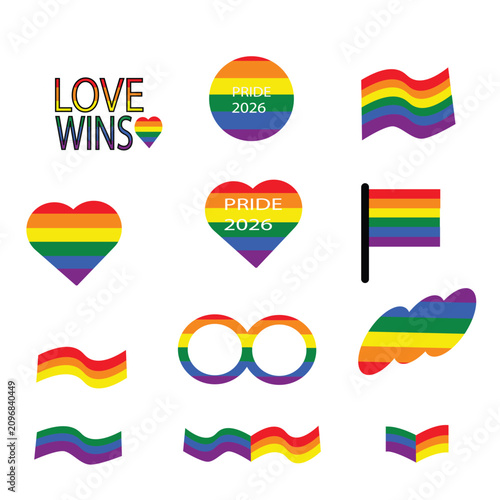 Set of LGBTQ+ Pride Month vector illustrations featuring rainbow flags, hearts, ribbon, and Love Wins typography.