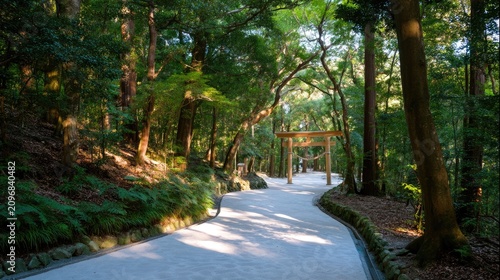 Peaceful walking path in a lush green forest with traditional Japanese Torii gate and soft sunlight filtering through trees
