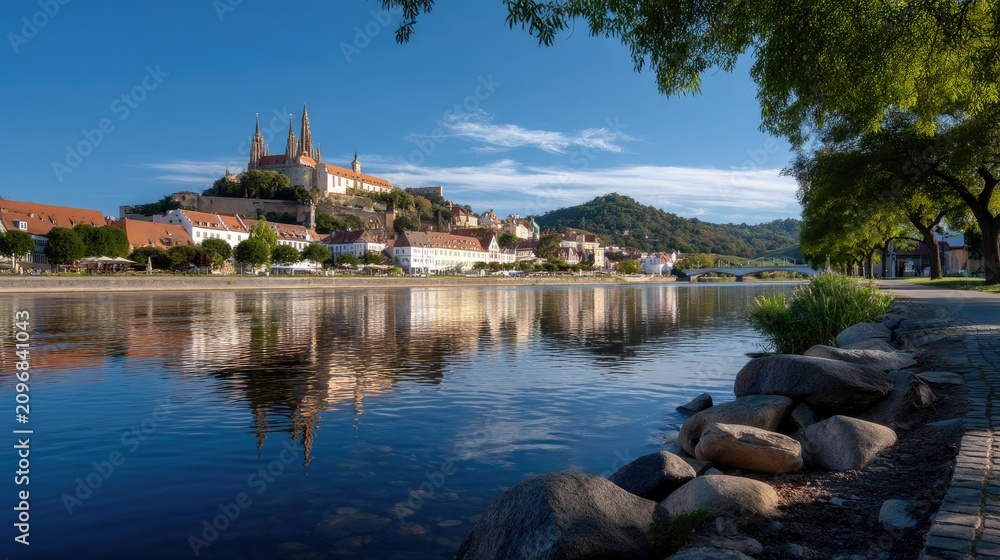 Fototapeta premium Scenic View of Historical Town with Castle and River Reflections under Clear Blue Sky