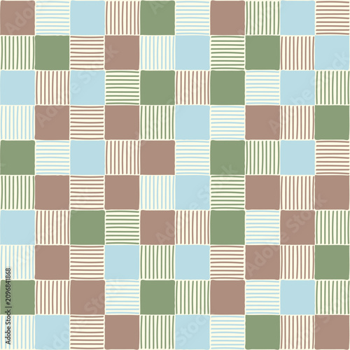 Seamless hand drawn checkered pattern with earth tone squares and stripes. Vector checkerboard grid background for japanese style fabric textile, modern wallpaper, ceramic tile wrap.