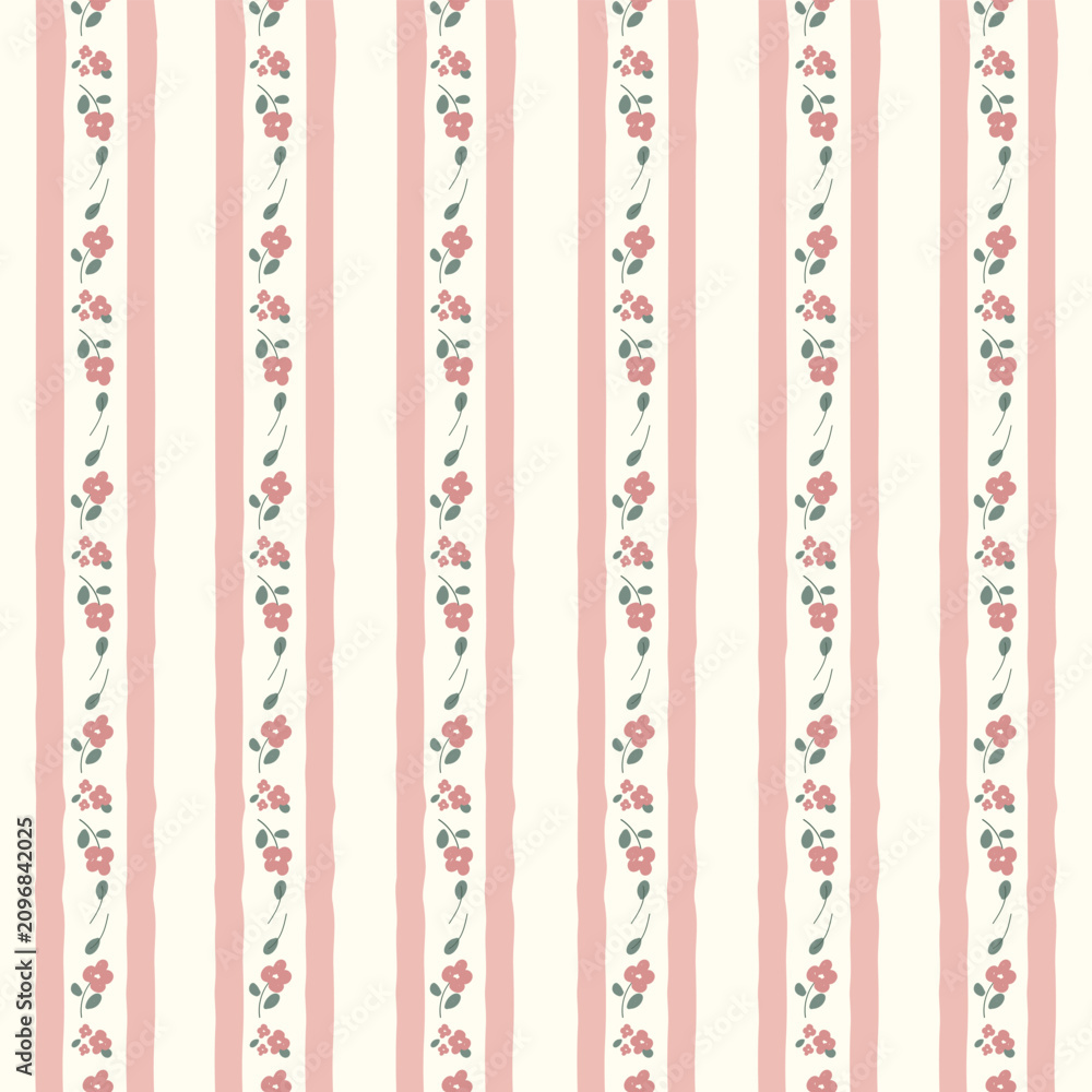 Fototapeta premium Cute floral seamless pattern background with vertical stripes, tiny pink flowers and green leaves on cream backdrop. Shabby chic hand drawn wallpaper, cottagecore fabric, wrapping paper design.