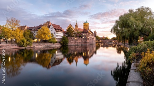 Serene Sunset Reflection Over Historic Buildings and Calm River in Nuremberg, Germany