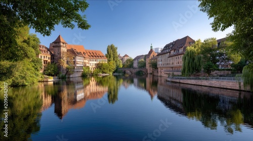 Serene View of Historic Buildings and Reflections on Calm Water in Nuremberg, Germany at Dawn
