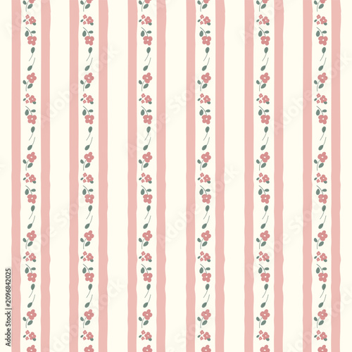 Cuadro en lienzo Cute floral seamless pattern background with vertical stripes, tiny pink flowers and green leaves on cream backdrop
