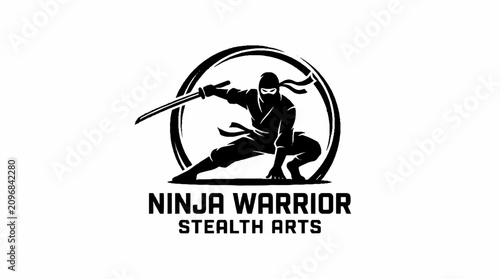 Fotografía Ninja Warrior Silhouette with Sword - Martial Arts Combat Logo