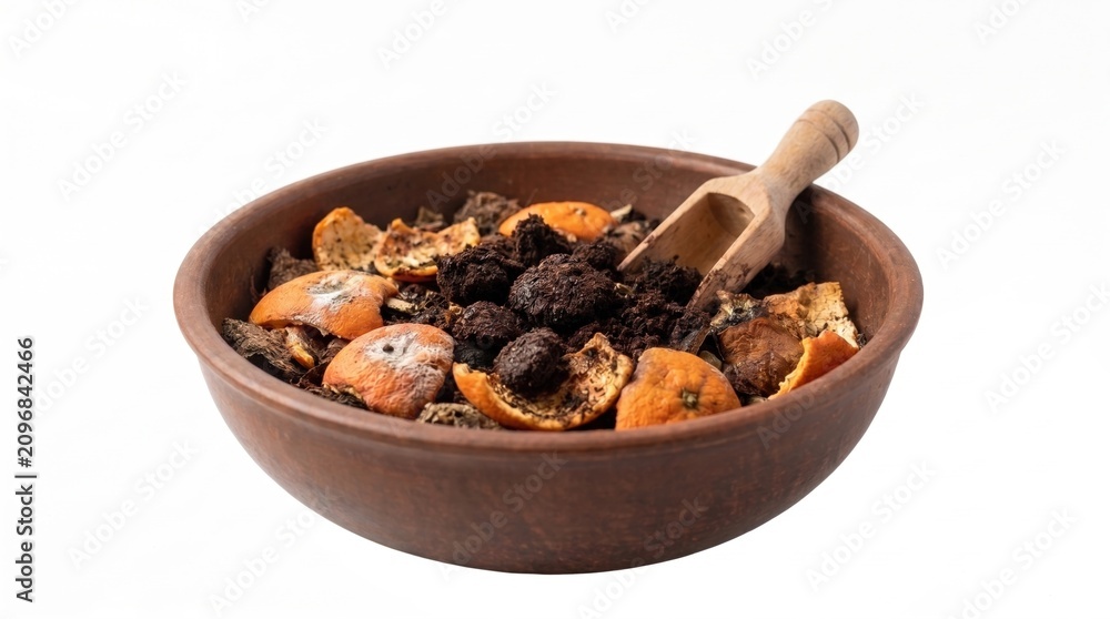 Fototapeta premium Decomposing orange shells, dense coffee pucks, and a small wooden scoop gathered in a handcrafted clay bowl on white, illustrating separated household scraps ready for natural garden recycling