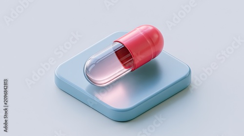 3D stereo medical app icon, red white transparent medicinal capsule rounded square interface, online consultation health medical software promotional PPT design material