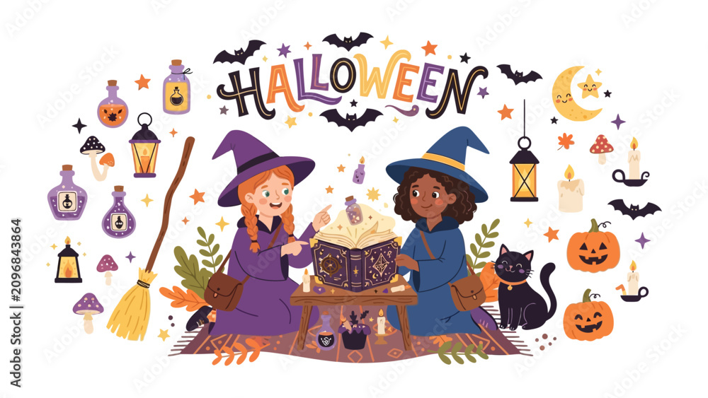 Naklejka premium Halloween Magic: Two young witches, adorned in pointed hats and cloaks, gather around an ancient spellbook, conjuring enchantment amidst a whimsical array of Halloween symbols, including pumpkins.