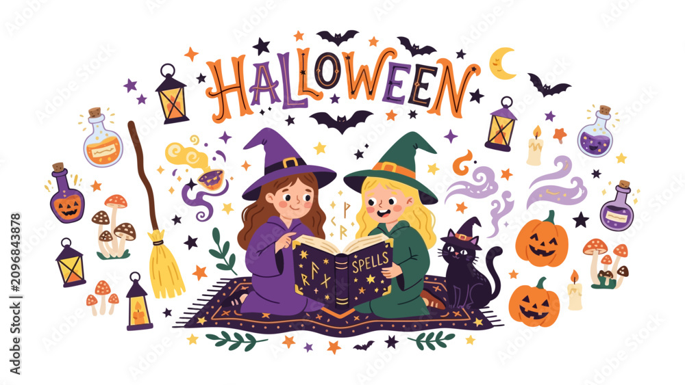 Fototapeta premium Children Reading Spells on Halloween Night: Two young witches in pointy hats read an ancient spellbook on a magic carpet, surrounded by pumpkins, bats, and potion bottles.